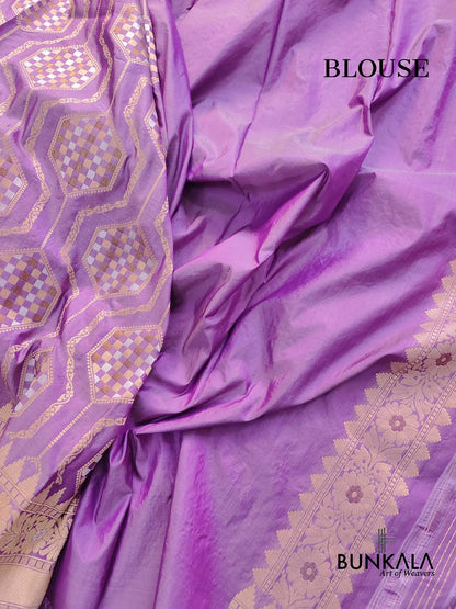 Lavender Pure Katan Silk Geometrical Design Gold and Silver Antique Zari Handwoven Banarasi Saree