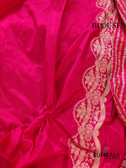 Pinkish Red Pure Katan Silk Handloom Stripe Design Sona Rupa Tanchui Body Banarasi Saree with Scalloped Border