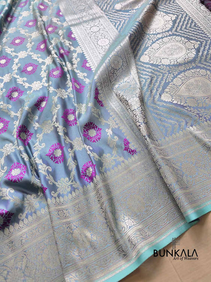 Grey Soft Mashru Silk Jamewar Weaved Floral Jaal Design Pink Meena Banarasi Saree