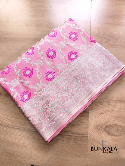 Baby Pink Soft Mashru Silk Jamewar Weaved Floral Jaal Design Pink Meena Banarasi Saree