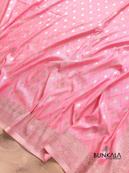 Light Pink Soft Mashru Silk Jamewar Weaved Allover Silver Small Buti Design Banarasi Saree