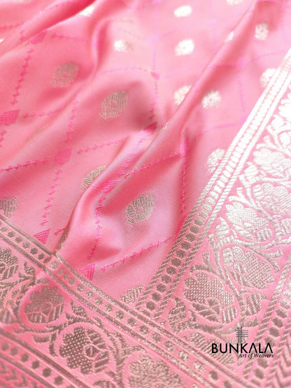 Light Pink Soft Mashru Silk Jamewar Weaved Allover Silver Small Buti Design Banarasi Saree