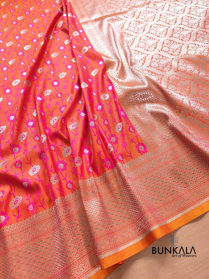 Pink Orange Dual Shaded Soft Mashru Silk Jamewar Weaved Floral Jaal Design Banarasi Saree
