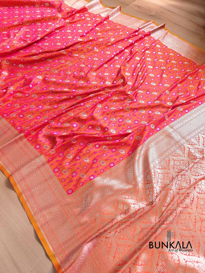 Pink Orange Dual Shaded Soft Mashru Silk Jamewar Weaved Floral Jaal Design Banarasi Saree