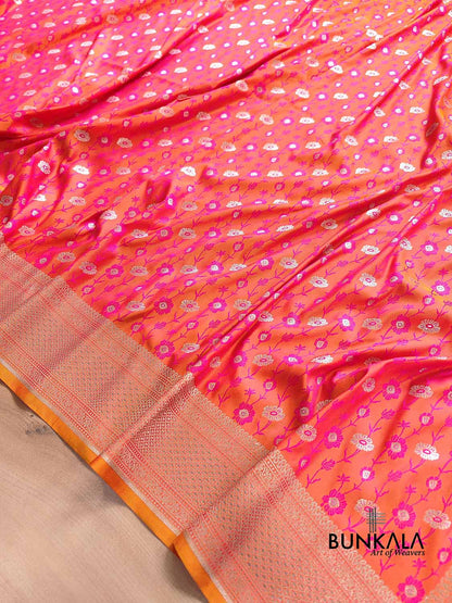 Pink Orange Dual Shaded Soft Mashru Silk Jamewar Weaved Floral Jaal Design Banarasi Saree