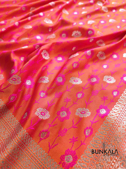 Pink Orange Dual Shaded Soft Mashru Silk Jamewar Weaved Floral Jaal Design Banarasi Saree