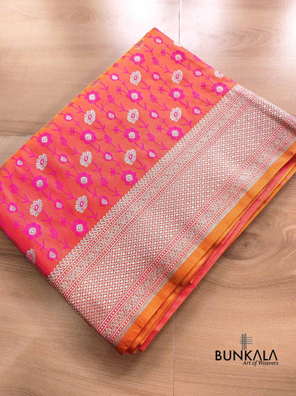 Pink Orange Dual Shaded Soft Mashru Silk Jamewar Weaved Floral Jaal Design Banarasi Saree