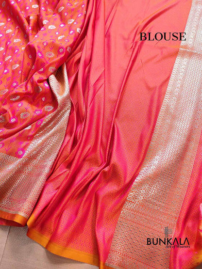 Pink Orange Dual Shaded Soft Mashru Silk Jamewar Weaved Floral Jaal Design Banarasi Saree