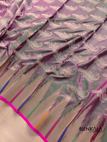 Pink and Green Peacock Motifs Banarasi Pure Katan Silk Handloom Saree