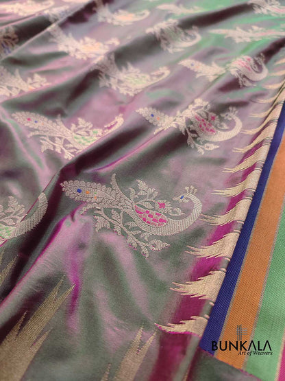Pink and Green Peacock Motifs Banarasi Pure Katan Silk Handloom Saree