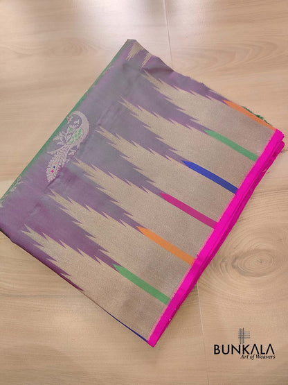 Pink and Green Peacock Motifs Banarasi Pure Katan Silk Handloom Saree