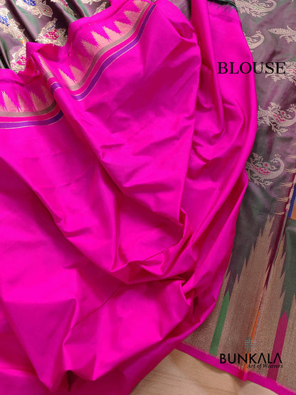 Pink and Green Peacock Motifs Banarasi Pure Katan Silk Handloom Saree