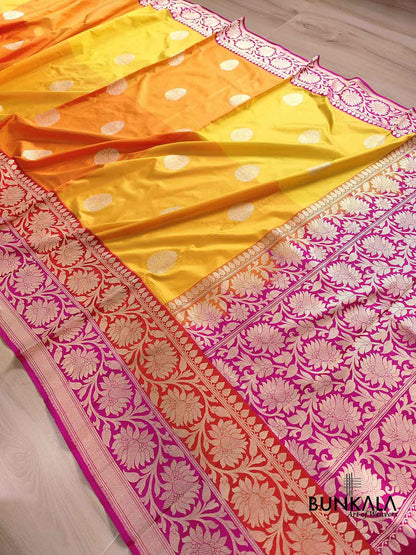 Yellow Checks Kadwa Buta Banarasi Pure Katan Silk Handloom Saree