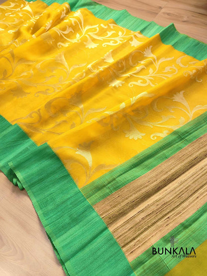Yellow Floral Jaal Handloom Banarasi Organza Saree with Raw Silk Border