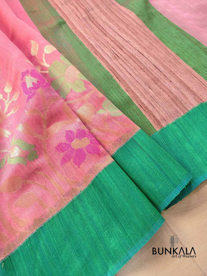 Peach Pink Floral Jaal Meenakari Handloom Banarasi Moonga Silk Saree with Raw Silk Border