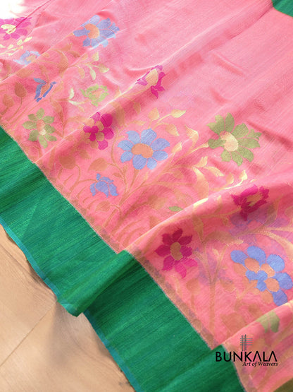 Peach Pink Floral Jaal Meenakari Handloom Banarasi Moonga Silk Saree with Raw Silk Border