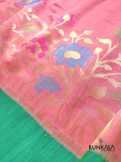 Peach Pink Floral Jaal Meenakari Handloom Banarasi Moonga Silk Saree with Raw Silk Border