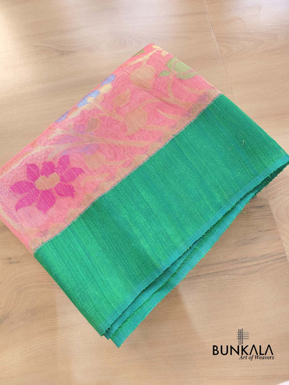 Peach Pink Floral Jaal Meenakari Handloom Banarasi Moonga Silk Saree with Raw Silk Border
