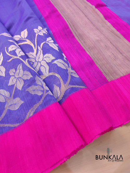 Purple Floral Jaal Handloom Banarasi Moonga Silk Saree with Raw Silk Border