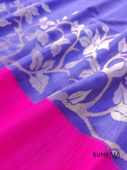 Purple Floral Jaal Handloom Banarasi Moonga Silk Saree with Raw Silk Border