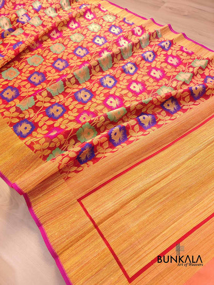 Red Floral Jaal Meenakari Handloom Banarasi Organza Saree
