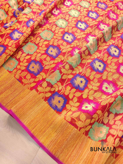 Red Floral Jaal Meenakari Handloom Banarasi Organza Saree