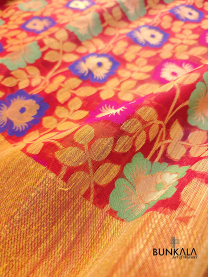 Red Floral Jaal Meenakari Handloom Banarasi Organza Saree
