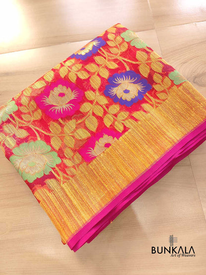 Red Floral Jaal Meenakari Handloom Banarasi Organza Saree