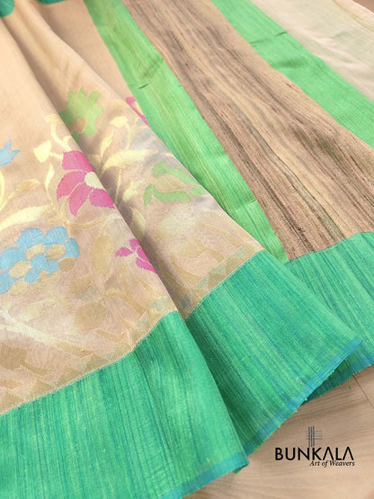 Beige Floral Jaal Meenakari Handloom Banarasi Moonga Silk Saree with Raw Silk Border