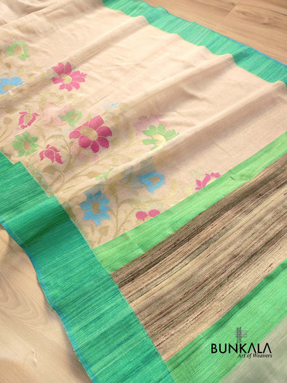 Beige Floral Jaal Meenakari Handloom Banarasi Moonga Silk Saree with Raw Silk Border