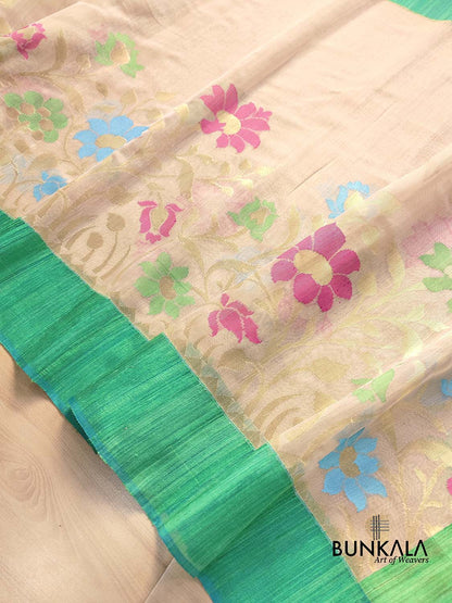 Beige Floral Jaal Meenakari Handloom Banarasi Moonga Silk Saree with Raw Silk Border