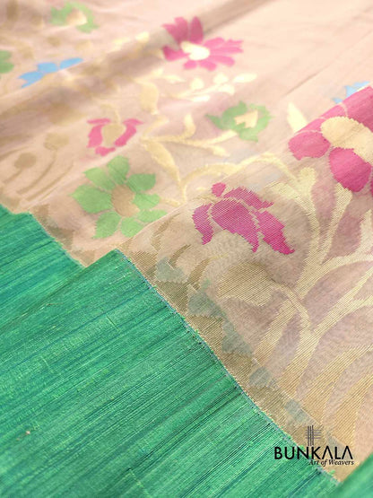 Beige Floral Jaal Meenakari Handloom Banarasi Moonga Silk Saree with Raw Silk Border