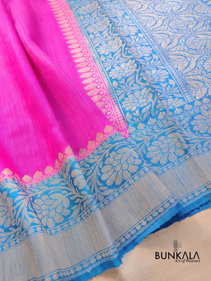Pink Plain Handloom Banarasi Raw Silk Saree with Blue Contrast Border
