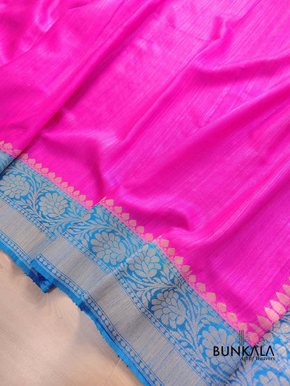 Pink Plain Handloom Banarasi Raw Silk Saree with Blue Contrast Border