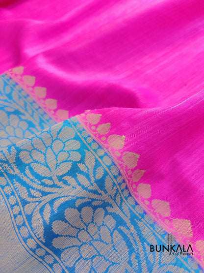 Pink Plain Handloom Banarasi Raw Silk Saree with Blue Contrast Border
