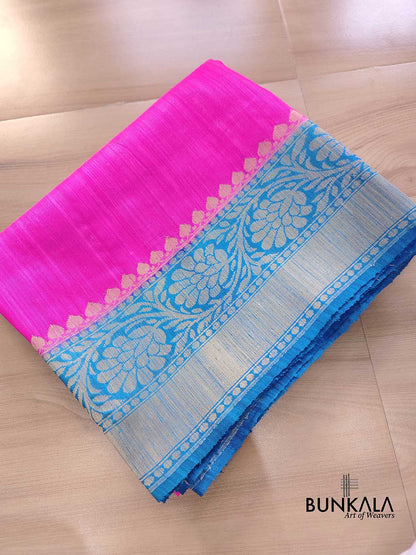 Pink Plain Handloom Banarasi Raw Silk Saree with Blue Contrast Border