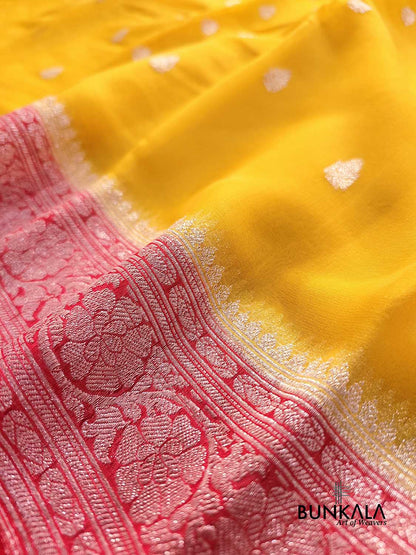 Yellow and Red Allover Silver Zari Buti Handloom Banarasi Pure Khaddi Chiffon Saree