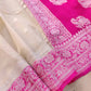 Off White and Pink Allover Silver Zari Buti Handloom Banarasi Pure Khaddi Chiffon Saree