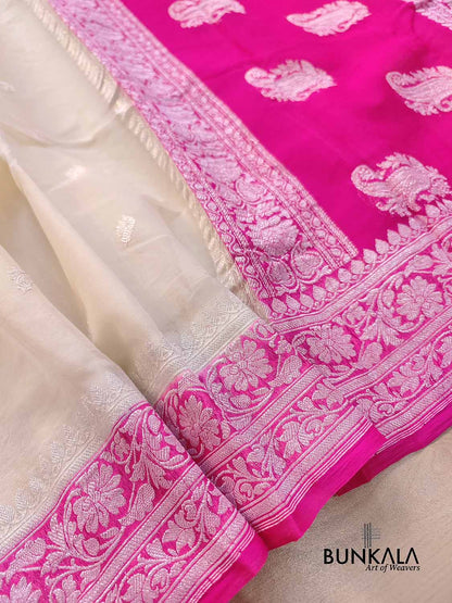 Off White and Pink Allover Silver Zari Buti Handloom Banarasi Pure Khaddi Chiffon Saree
