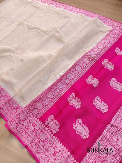 Off White and Pink Allover Silver Zari Buti Handloom Banarasi Pure Khaddi Chiffon Saree