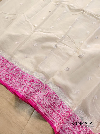 Off White and Pink Allover Silver Zari Buti Handloom Banarasi Pure Khaddi Chiffon Saree