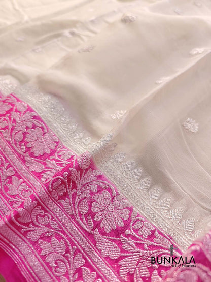 Off White and Pink Allover Silver Zari Buti Handloom Banarasi Pure Khaddi Chiffon Saree