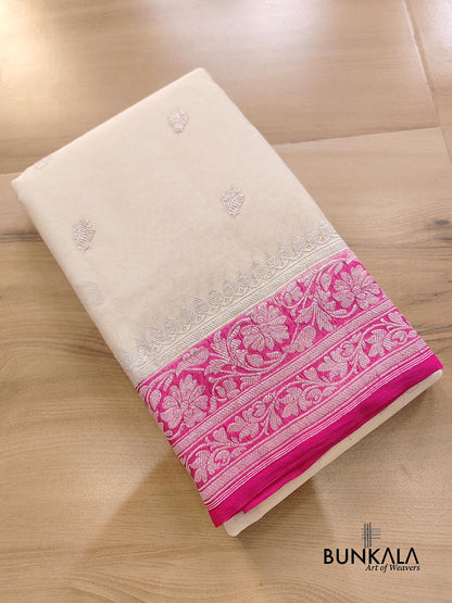 Off White and Pink Allover Silver Zari Buti Handloom Banarasi Pure Khaddi Chiffon Saree
