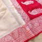 Off White and Red Allover Silver Zari Buti Handloom Banarasi Pure Khaddi Chiffon Saree