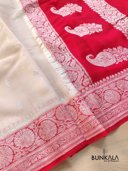 Off White and Red Allover Silver Zari Buti Handloom Banarasi Pure Khaddi Chiffon Saree