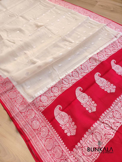 Off White and Red Allover Silver Zari Buti Handloom Banarasi Pure Khaddi Chiffon Saree