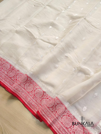 Off White and Red Allover Silver Zari Buti Handloom Banarasi Pure Khaddi Chiffon Saree