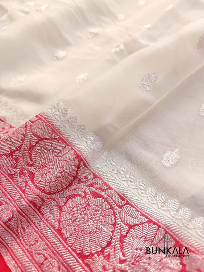 Off White and Red Allover Silver Zari Buti Handloom Banarasi Pure Khaddi Chiffon Saree