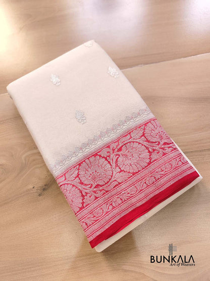 Off White and Red Allover Silver Zari Buti Handloom Banarasi Pure Khaddi Chiffon Saree