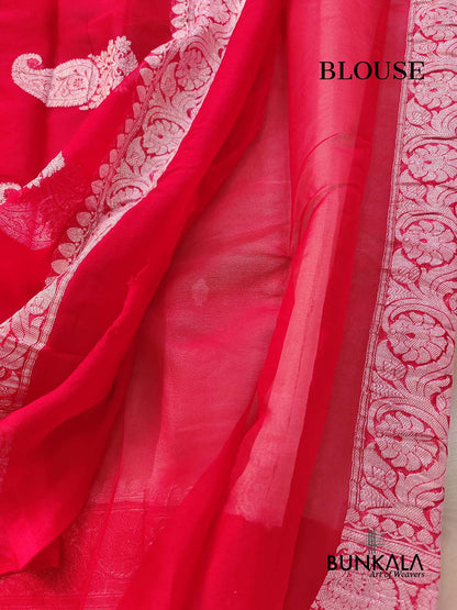 Off White and Red Allover Silver Zari Buti Handloom Banarasi Pure Khaddi Chiffon Saree